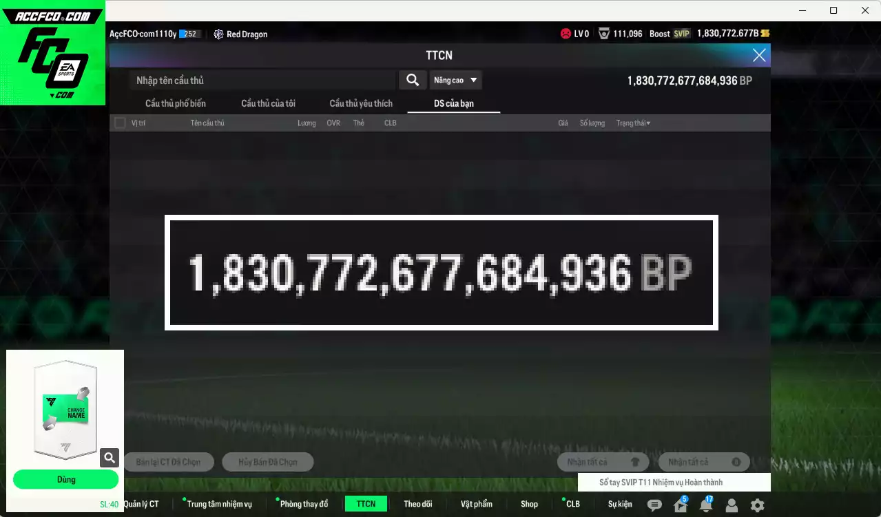 ACC 1830772b trắng, có thẻ đổi tên, còn nhiều CP GIẢM THUẾ. HLV Xịn, đã full hơn nữa bảng đào tạo chiến thuật