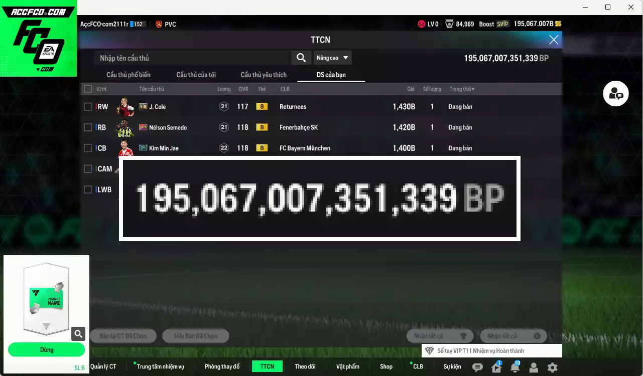 ACC 195067b trắng, có thẻ đổi tên. HLV Xịn, gần full bảng đào tạo chiến thuật