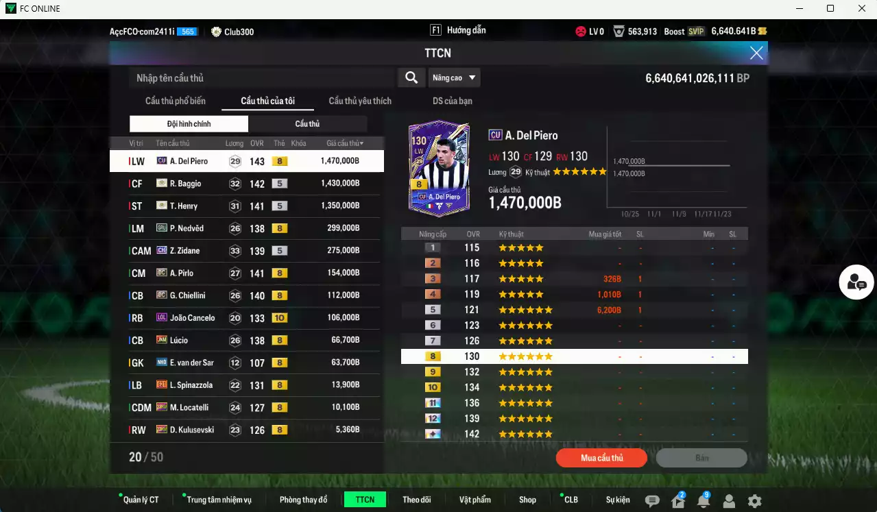 Ảnh Juventus 5.373.870b có Del Piero CU (hiếm), Baggio ITM+5, Henry ITM+5, Nedved GRU, Zidane CH, Pirlo DC, Chiellini DC, Cancelo LOL+10, Lúcio JNM.... Còn nhiều coin TM, HLV Xịn, đã đào tạo full chỉ số cầu thủ, VIP BK Tháng 11,12