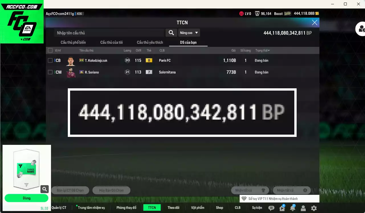 ACC 444118b trắng, có thẻ đổi tên. HLV Xịn, dư 56.000TC