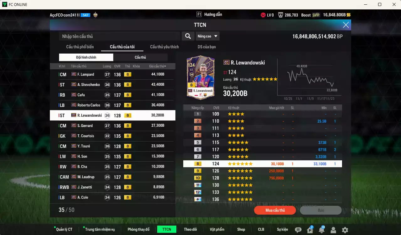 Ảnh Full mùa CC+8 787.720b có Eto, Lúcio, Maldini, Figo, Perisic, Lampard, Sheva, Cafu, Carlos, Lewandowski, Gerrard, Touré, Courtois, Son, Cha... CC+8. Còn nhiều CP GIẢM THUẾ, HLV Xịn, đã đào tạo full chỉ số nhiều CT