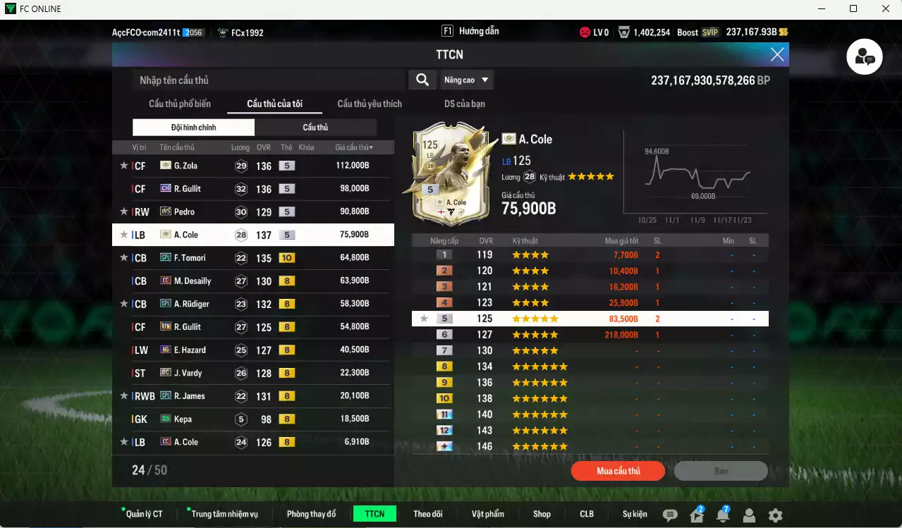 Ảnh [ACC Hiếm🔥] Chelsea mix Quốc Dân 6.693.640b dư 237kb có Sheva ITM+5, Eto ITM+5, Pelé DC, Lampard ITM+5, Best DC, Essien ITM+5, Zola IMT+5, Gullit CH, Pedro WS, A. Cole ITM+5, Tomori SPL+10, Desailly CC, Rudiger SPL, Gullit RTN, Hazard HG... Còn rất nhiều SVIP vs CP GIẢM THUẾ, HLV Siêu Xịn, gần full bảng đào tạo chiến thuật vs chỉ số cầu thủ