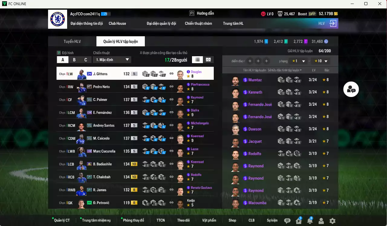 Ảnh Chelsea 342.660b có Andrey Santos 25TS, Palmer 25TS, Caicedo 25TS, Chalobah SPL+10, Badiashile HG+10, Hato 25TS, Enzo CH... Đã đào tạo chỉ số nhiều CT