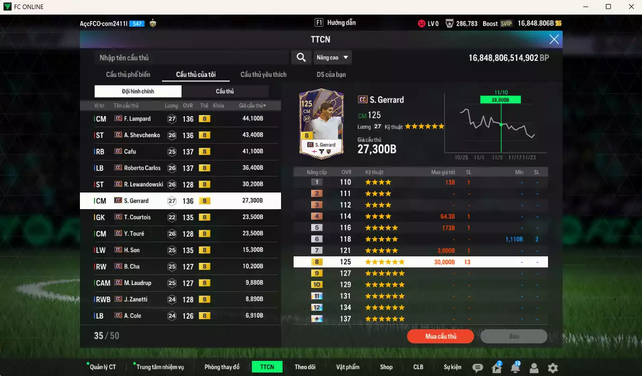 Ảnh Full mùa CC+8 787.720b có Eto, Lúcio, Maldini, Figo, Perisic, Lampard, Sheva, Cafu, Carlos, Lewandowski, Gerrard, Touré, Courtois, Son, Cha... CC+8. Còn nhiều CP GIẢM THUẾ, HLV Xịn, đã đào tạo full chỉ số nhiều CT