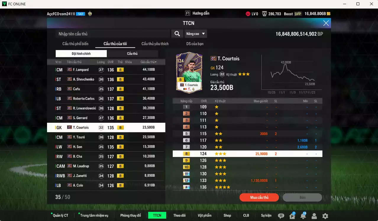 Ảnh Full mùa CC+8 787.720b có Eto, Lúcio, Maldini, Figo, Perisic, Lampard, Sheva, Cafu, Carlos, Lewandowski, Gerrard, Touré, Courtois, Son, Cha... CC+8. Còn nhiều CP GIẢM THUẾ, HLV Xịn, đã đào tạo full chỉ số nhiều CT