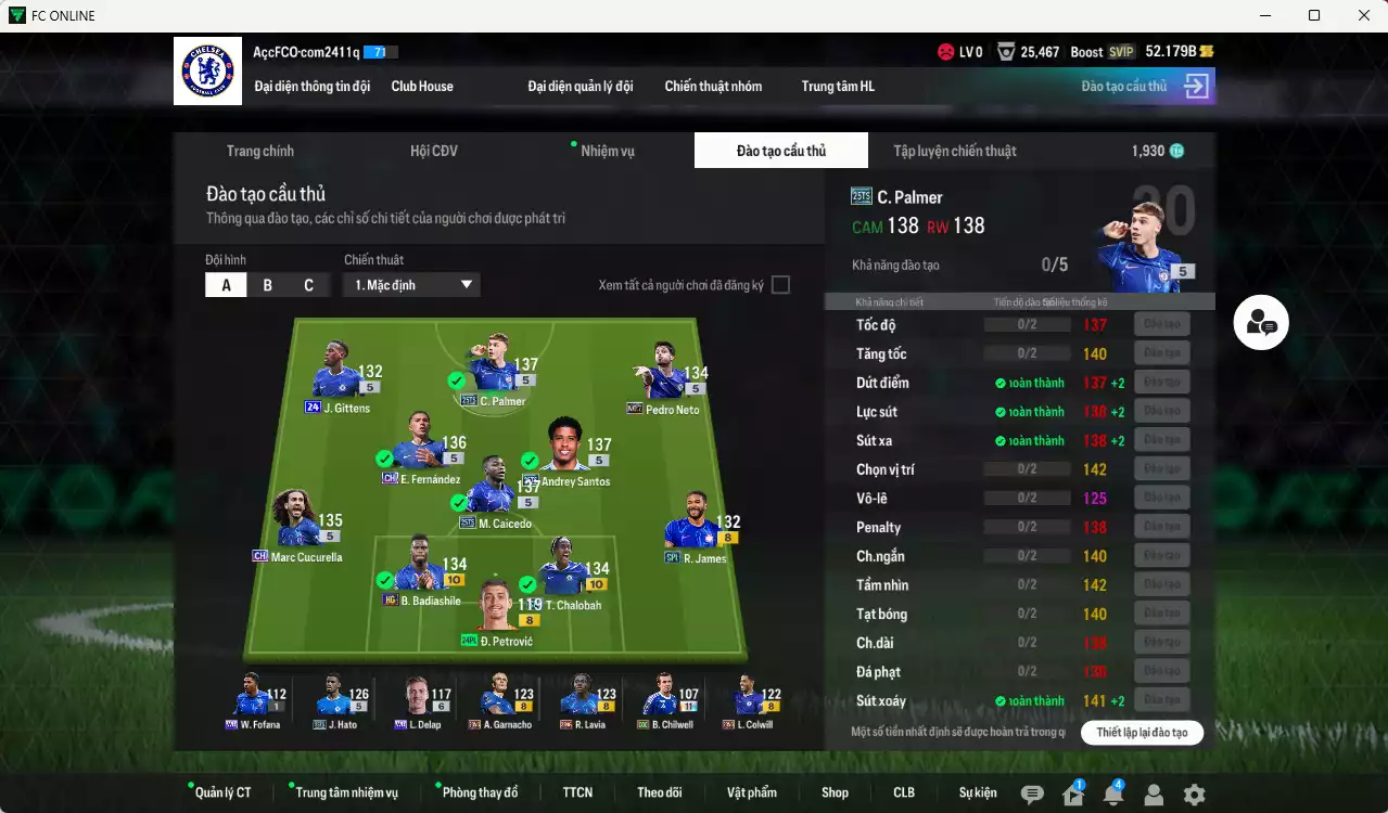 Ảnh Chelsea 342.660b có Andrey Santos 25TS, Palmer 25TS, Caicedo 25TS, Chalobah SPL+10, Badiashile HG+10, Hato 25TS, Enzo CH... Đã đào tạo chỉ số nhiều CT