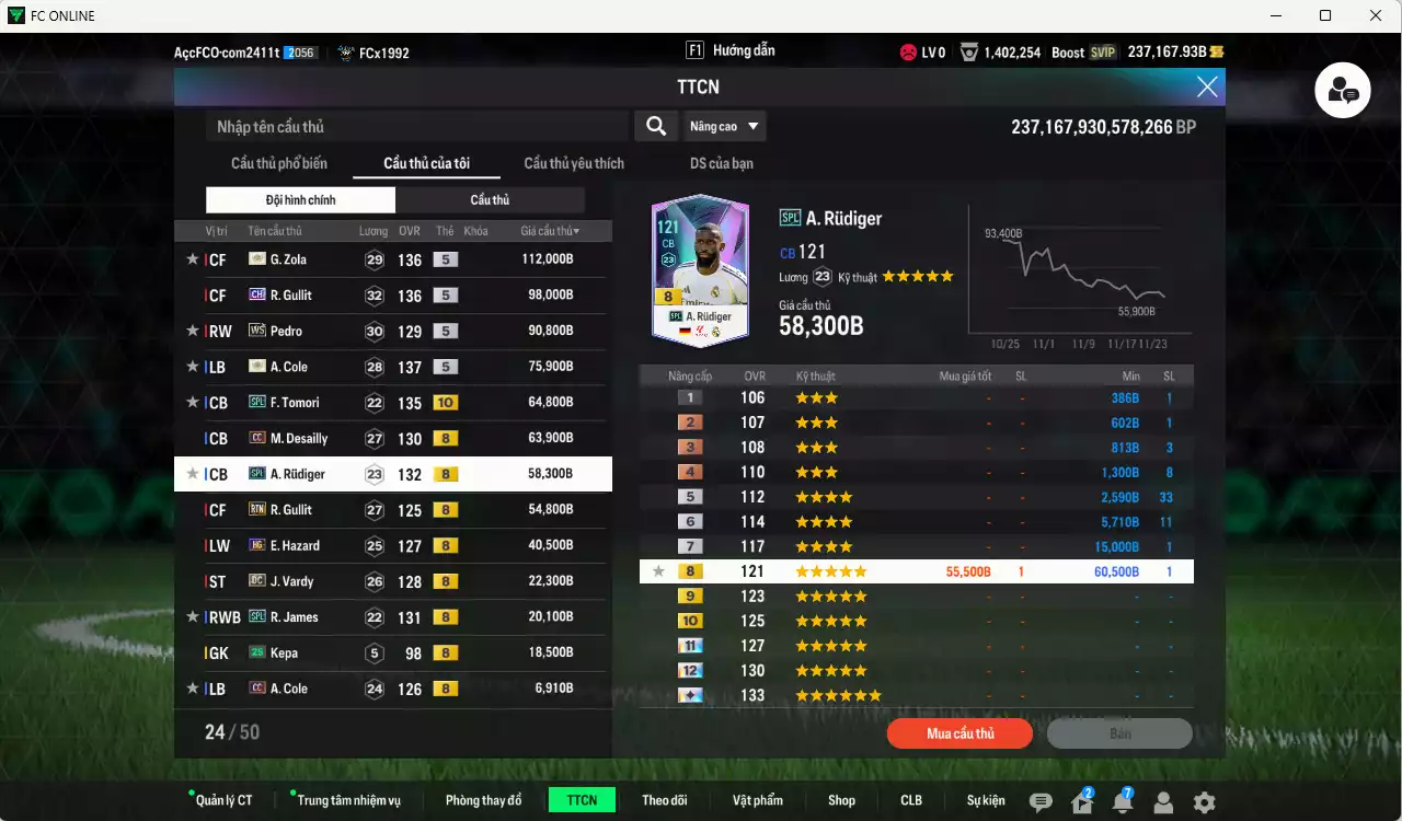 Ảnh [ACC Hiếm🔥] Chelsea mix Quốc Dân 6.693.640b dư 237kb có Sheva ITM+5, Eto ITM+5, Pelé DC, Lampard ITM+5, Best DC, Essien ITM+5, Zola IMT+5, Gullit CH, Pedro WS, A. Cole ITM+5, Tomori SPL+10, Desailly CC, Rudiger SPL, Gullit RTN, Hazard HG... Còn rất nhiều SVIP vs CP GIẢM THUẾ, HLV Siêu Xịn, gần full bảng đào tạo chiến thuật vs chỉ số cầu thủ