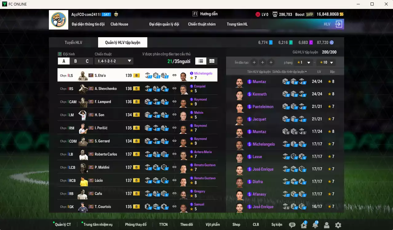 Ảnh Full mùa CC+8 787.720b có Eto, Lúcio, Maldini, Figo, Perisic, Lampard, Sheva, Cafu, Carlos, Lewandowski, Gerrard, Touré, Courtois, Son, Cha... CC+8. Còn nhiều CP GIẢM THUẾ, HLV Xịn, đã đào tạo full chỉ số nhiều CT