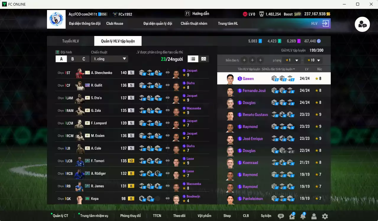 Ảnh [ACC Hiếm🔥] Chelsea mix Quốc Dân 6.693.640b dư 237kb có Sheva ITM+5, Eto ITM+5, Pelé DC, Lampard ITM+5, Best DC, Essien ITM+5, Zola IMT+5, Gullit CH, Pedro WS, A. Cole ITM+5, Tomori SPL+10, Desailly CC, Rudiger SPL, Gullit RTN, Hazard HG... Còn rất nhiều SVIP vs CP GIẢM THUẾ, HLV Siêu Xịn, gần full bảng đào tạo chiến thuật vs chỉ số cầu thủ
