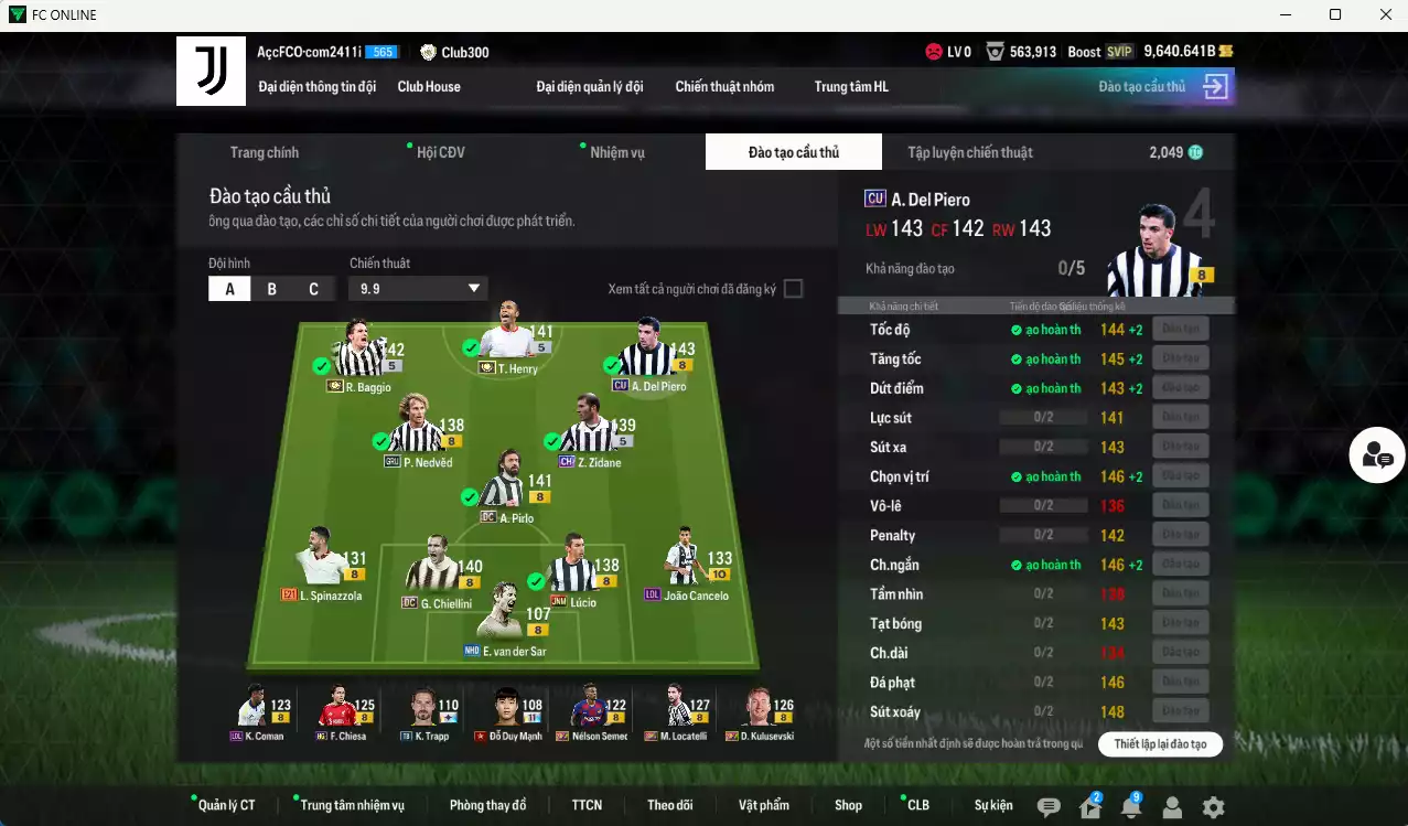 Ảnh Juventus 5.373.870b có Del Piero CU (hiếm), Baggio ITM+5, Henry ITM+5, Nedved GRU, Zidane CH, Pirlo DC, Chiellini DC, Cancelo LOL+10, Lúcio JNM.... Còn nhiều coin TM, HLV Xịn, đã đào tạo full chỉ số cầu thủ, VIP BK Tháng 11,12