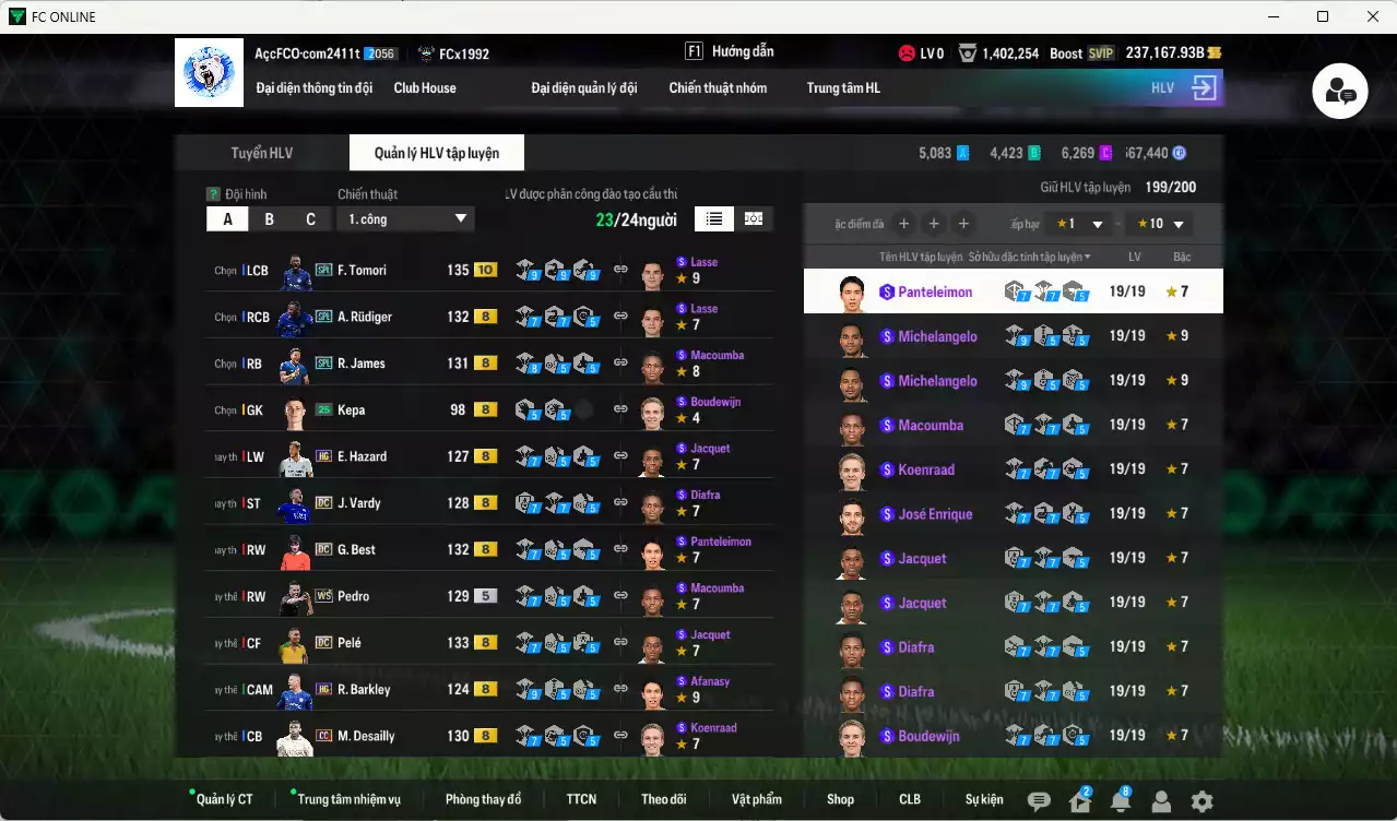 Ảnh [ACC Hiếm🔥] Chelsea mix Quốc Dân 6.693.640b dư 237kb có Sheva ITM+5, Eto ITM+5, Pelé DC, Lampard ITM+5, Best DC, Essien ITM+5, Zola IMT+5, Gullit CH, Pedro WS, A. Cole ITM+5, Tomori SPL+10, Desailly CC, Rudiger SPL, Gullit RTN, Hazard HG... Còn rất nhiều SVIP vs CP GIẢM THUẾ, HLV Siêu Xịn, gần full bảng đào tạo chiến thuật vs chỉ số cầu thủ