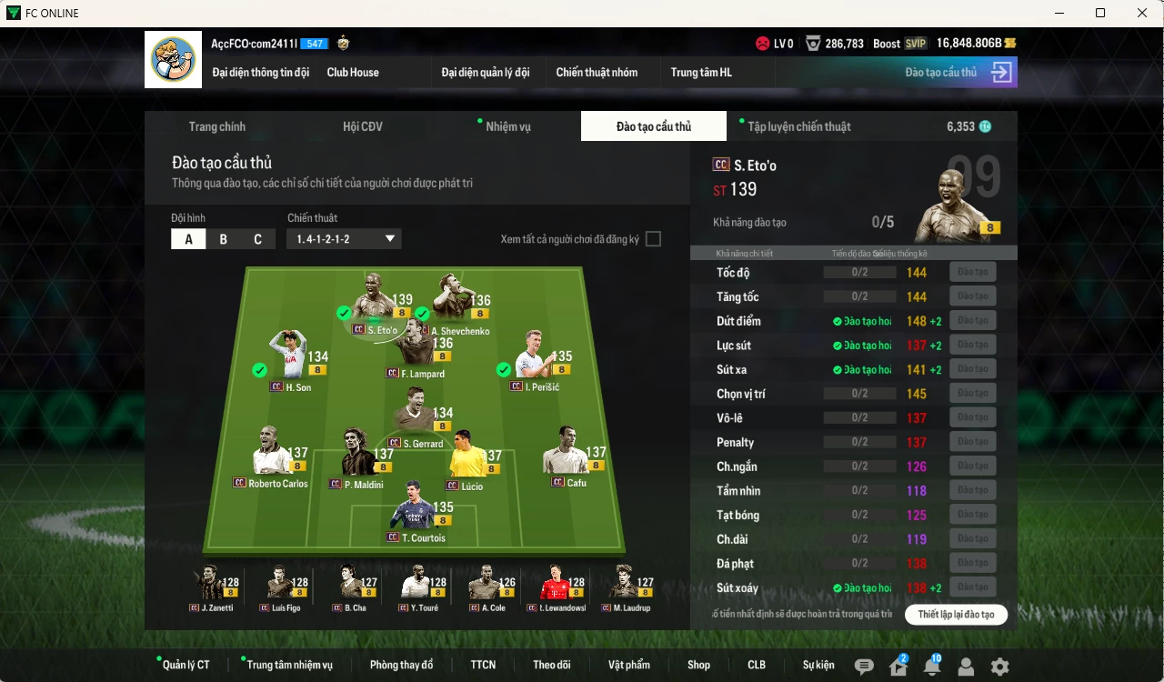 Ảnh Full mùa CC+8 787.720b có Eto, Lúcio, Maldini, Figo, Perisic, Lampard, Sheva, Cafu, Carlos, Lewandowski, Gerrard, Touré, Courtois, Son, Cha... CC+8. Còn nhiều CP GIẢM THUẾ, HLV Xịn, đã đào tạo full chỉ số nhiều CT