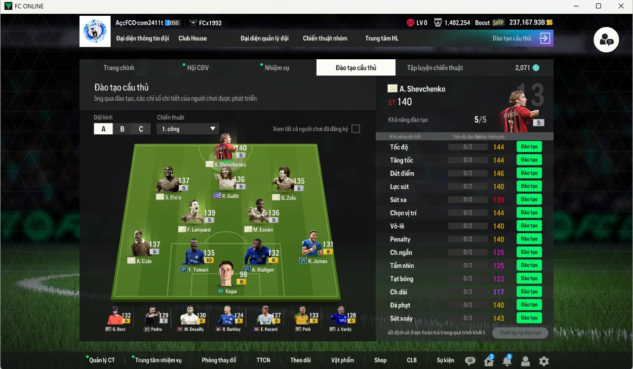 Ảnh [ACC Hiếm🔥] Chelsea mix Quốc Dân 6.693.640b dư 237kb có Sheva ITM+5, Eto ITM+5, Pelé DC, Lampard ITM+5, Best DC, Essien ITM+5, Zola IMT+5, Gullit CH, Pedro WS, A. Cole ITM+5, Tomori SPL+10, Desailly CC, Rudiger SPL, Gullit RTN, Hazard HG... Còn rất nhiều SVIP vs CP GIẢM THUẾ, HLV Siêu Xịn, gần full bảng đào tạo chiến thuật vs chỉ số cầu thủ