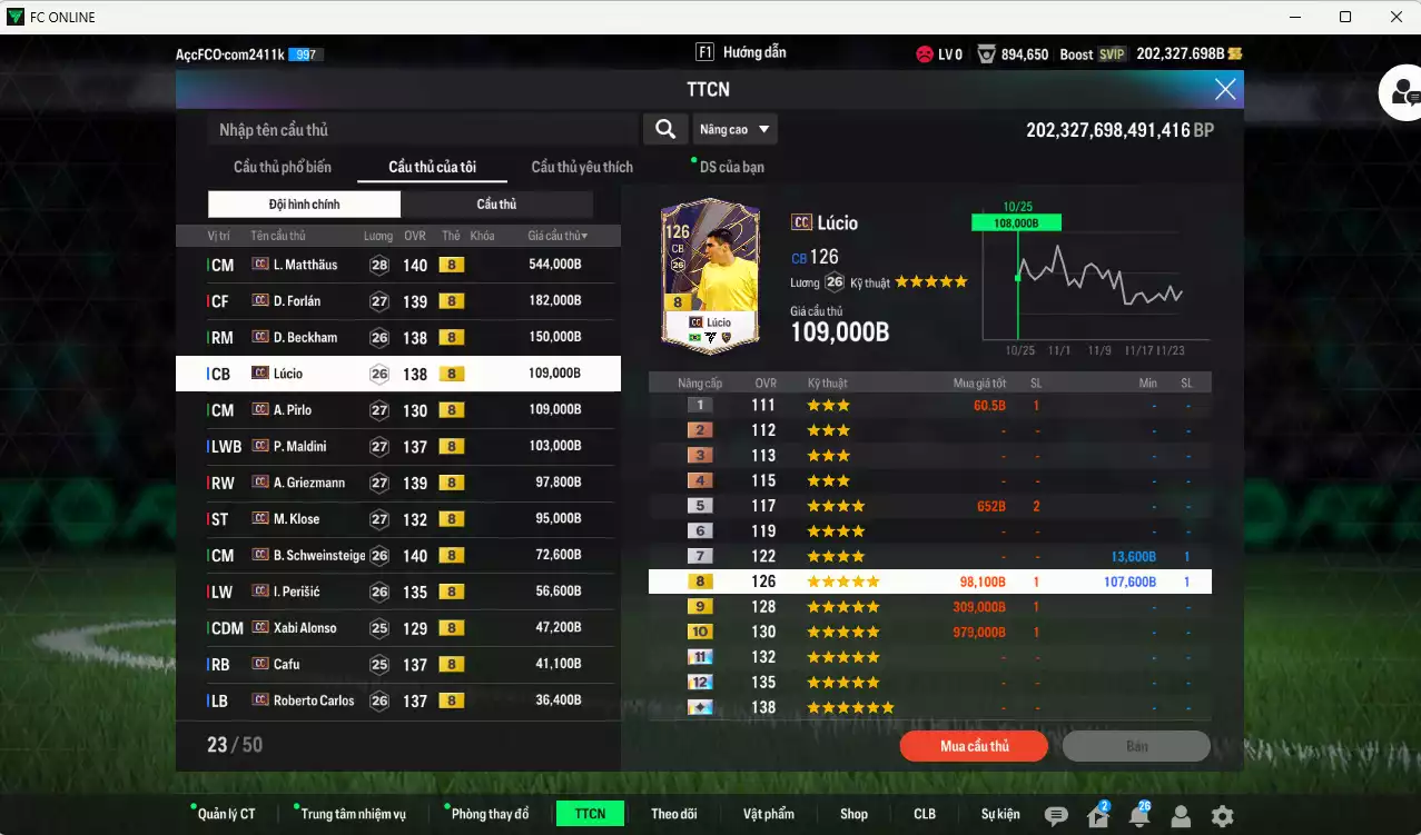 Ảnh Full mùa CC+8 1.727.770b dư 202kb có Matthaus, Forlán, Beckham, Lúcio, Pirlo, Maldini, Griezmann, Klose, Schweinsteiger, Alonso, Cafu, Carlos, Courtois, Touré, Son, Cha... HLV Xịn, đã đào tạo full chỉ số cầu thủ, VIP BK Tháng 11, KC Tháng 12