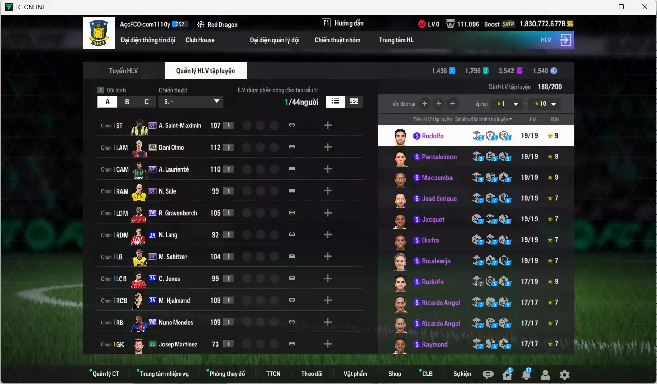 Ảnh ACC 1830772b trắng, có thẻ đổi tên, còn nhiều CP GIẢM THUẾ. HLV Xịn, đã full hơn nữa bảng đào tạo chiến thuật