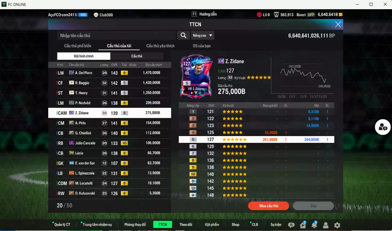 Ảnh Juventus 5.373.870b có Del Piero CU (hiếm), Baggio ITM+5, Henry ITM+5, Nedved GRU, Zidane CH, Pirlo DC, Chiellini DC, Cancelo LOL+10, Lúcio JNM.... Còn nhiều coin TM, HLV Xịn, đã đào tạo full chỉ số cầu thủ, VIP BK Tháng 11,12