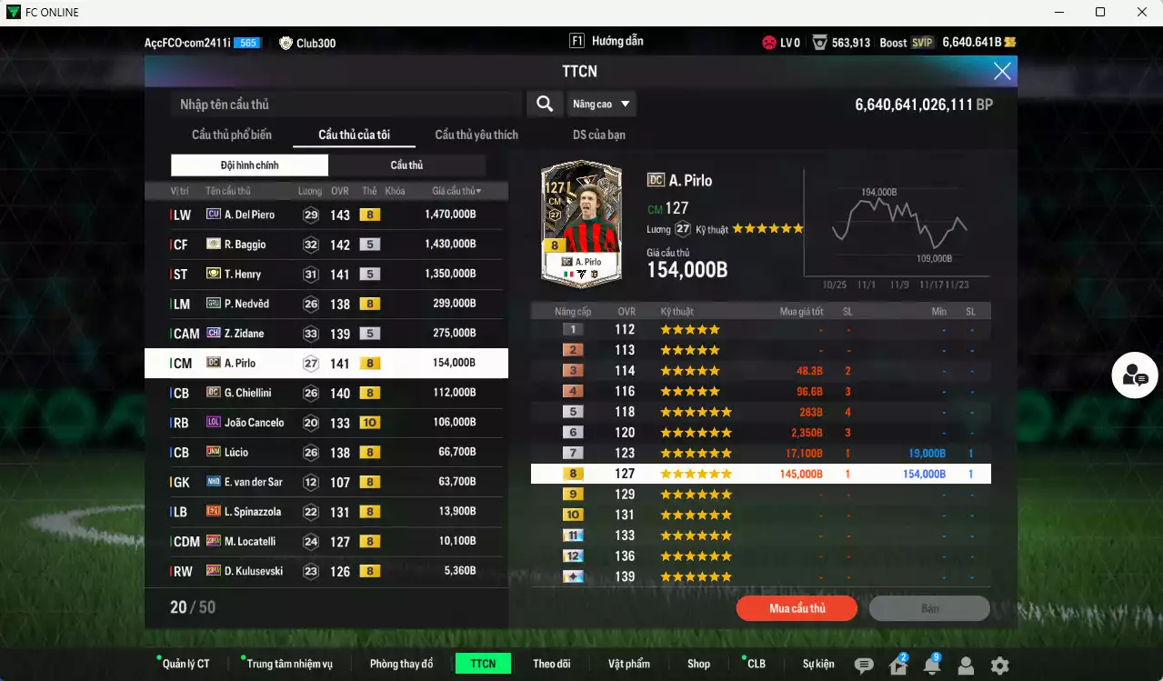 Ảnh Juventus 5.373.870b có Del Piero CU (hiếm), Baggio ITM+5, Henry ITM+5, Nedved GRU, Zidane CH, Pirlo DC, Chiellini DC, Cancelo LOL+10, Lúcio JNM.... Còn nhiều coin TM, HLV Xịn, đã đào tạo full chỉ số cầu thủ, VIP BK Tháng 11,12