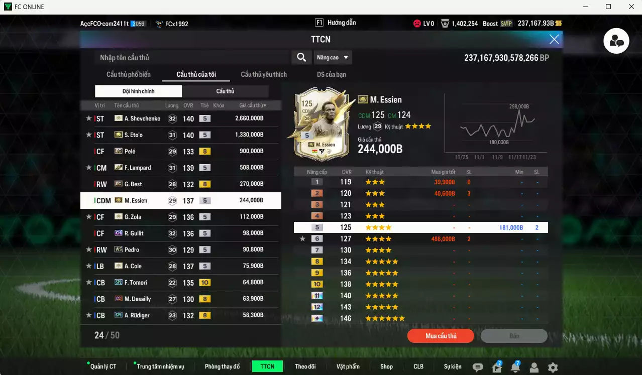Ảnh [ACC Hiếm🔥] Chelsea mix Quốc Dân 6.693.640b dư 237kb có Sheva ITM+5, Eto ITM+5, Pelé DC, Lampard ITM+5, Best DC, Essien ITM+5, Zola IMT+5, Gullit CH, Pedro WS, A. Cole ITM+5, Tomori SPL+10, Desailly CC, Rudiger SPL, Gullit RTN, Hazard HG... Còn rất nhiều SVIP vs CP GIẢM THUẾ, HLV Siêu Xịn, gần full bảng đào tạo chiến thuật vs chỉ số cầu thủ