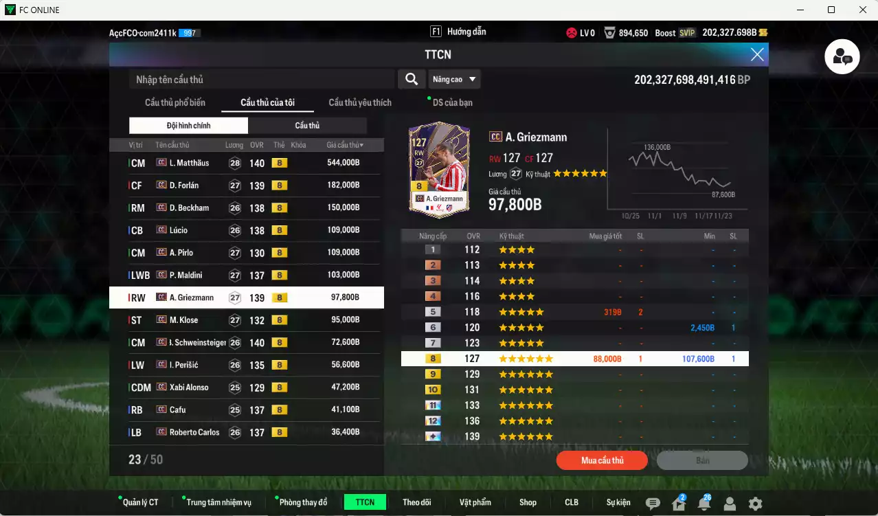 Ảnh Full mùa CC+8 1.727.770b dư 202kb có Matthaus, Forlán, Beckham, Lúcio, Pirlo, Maldini, Griezmann, Klose, Schweinsteiger, Alonso, Cafu, Carlos, Courtois, Touré, Son, Cha... HLV Xịn, đã đào tạo full chỉ số cầu thủ, VIP BK Tháng 11, KC Tháng 12