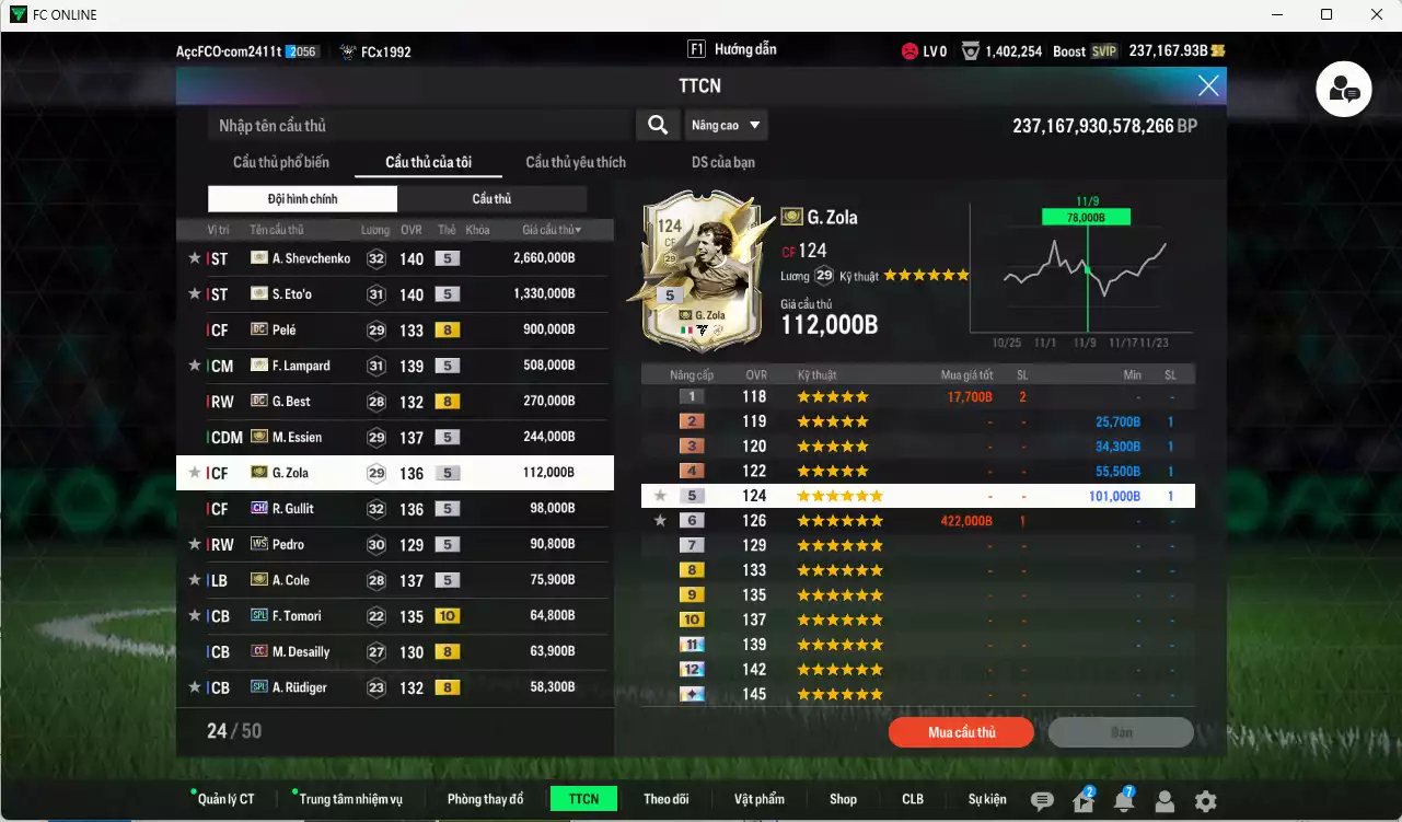 Ảnh [ACC Hiếm🔥] Chelsea mix Quốc Dân 6.693.640b dư 237kb có Sheva ITM+5, Eto ITM+5, Pelé DC, Lampard ITM+5, Best DC, Essien ITM+5, Zola IMT+5, Gullit CH, Pedro WS, A. Cole ITM+5, Tomori SPL+10, Desailly CC, Rudiger SPL, Gullit RTN, Hazard HG... Còn rất nhiều SVIP vs CP GIẢM THUẾ, HLV Siêu Xịn, gần full bảng đào tạo chiến thuật vs chỉ số cầu thủ