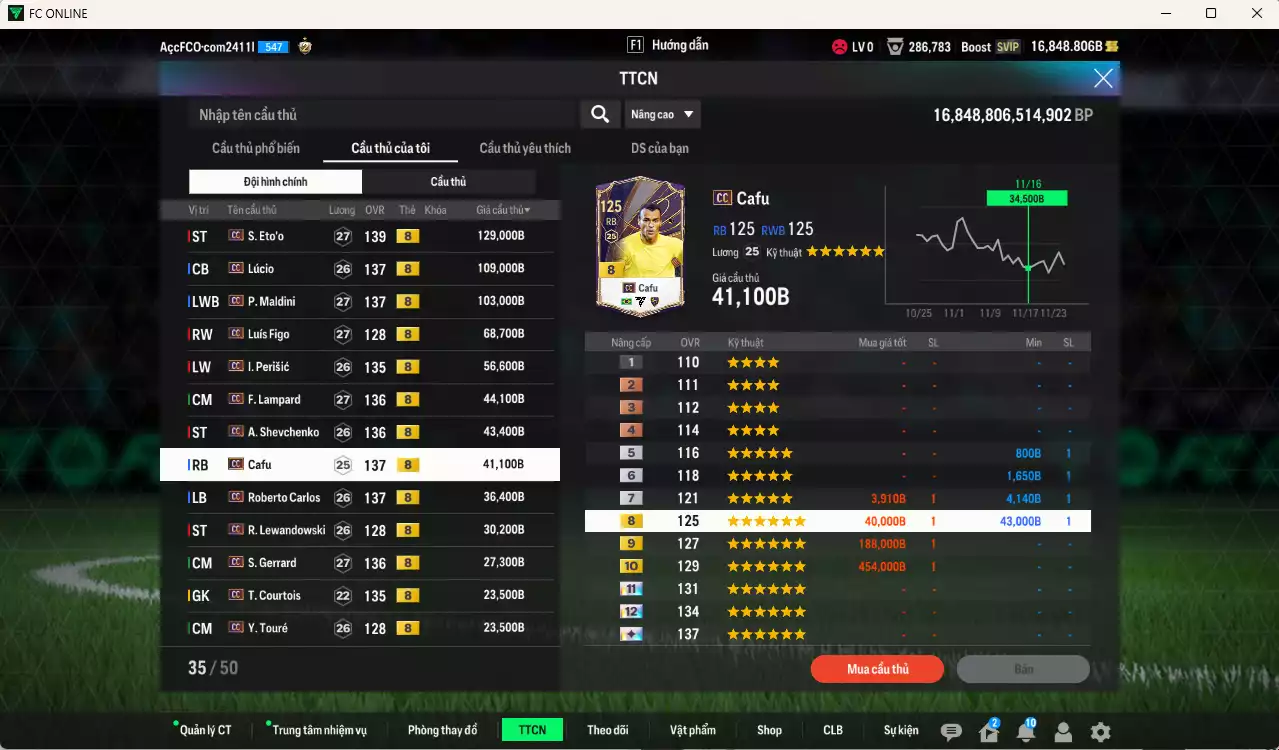 Ảnh Full mùa CC+8 787.720b có Eto, Lúcio, Maldini, Figo, Perisic, Lampard, Sheva, Cafu, Carlos, Lewandowski, Gerrard, Touré, Courtois, Son, Cha... CC+8. Còn nhiều CP GIẢM THUẾ, HLV Xịn, đã đào tạo full chỉ số nhiều CT