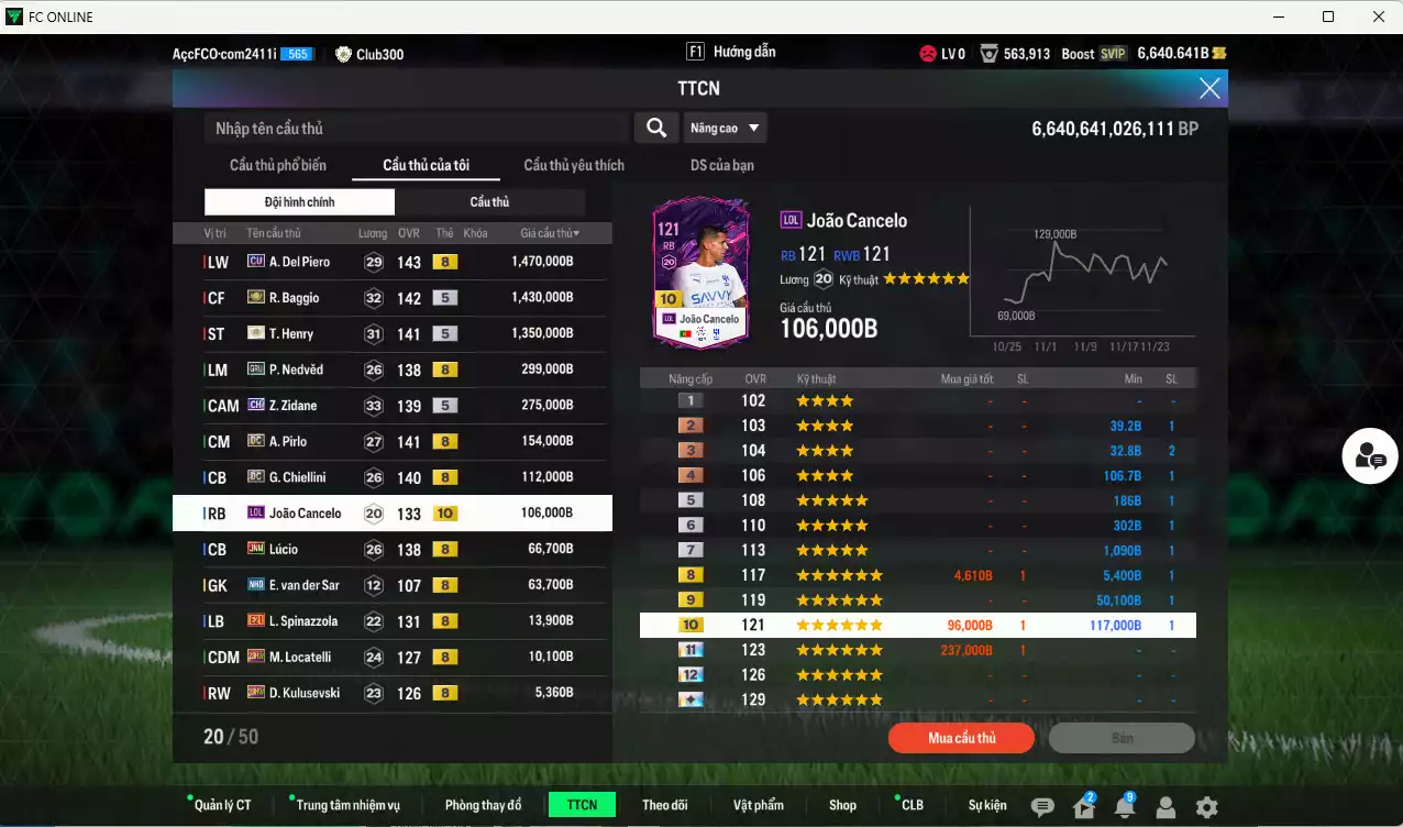 Ảnh Juventus 5.373.870b có Del Piero CU (hiếm), Baggio ITM+5, Henry ITM+5, Nedved GRU, Zidane CH, Pirlo DC, Chiellini DC, Cancelo LOL+10, Lúcio JNM.... Còn nhiều coin TM, HLV Xịn, đã đào tạo full chỉ số cầu thủ, VIP BK Tháng 11,12