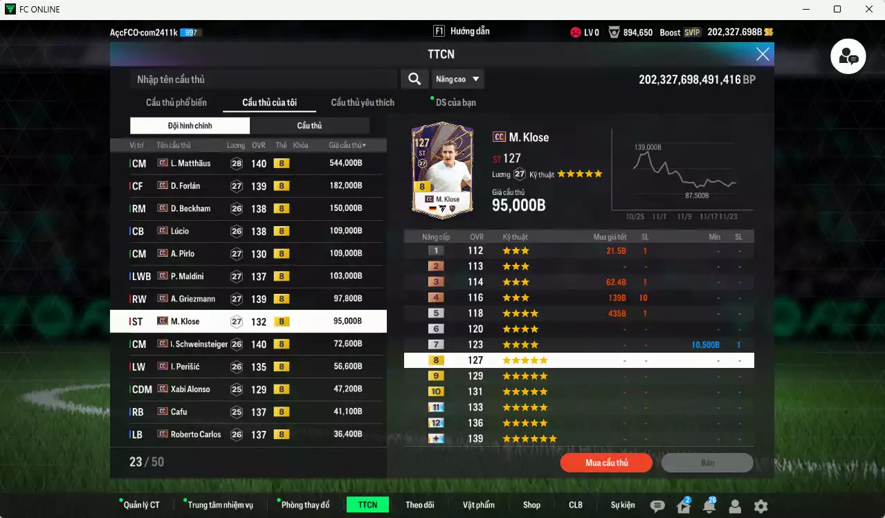 Ảnh Full mùa CC+8 1.727.770b dư 202kb có Matthaus, Forlán, Beckham, Lúcio, Pirlo, Maldini, Griezmann, Klose, Schweinsteiger, Alonso, Cafu, Carlos, Courtois, Touré, Son, Cha... HLV Xịn, đã đào tạo full chỉ số cầu thủ, VIP BK Tháng 11, KC Tháng 12