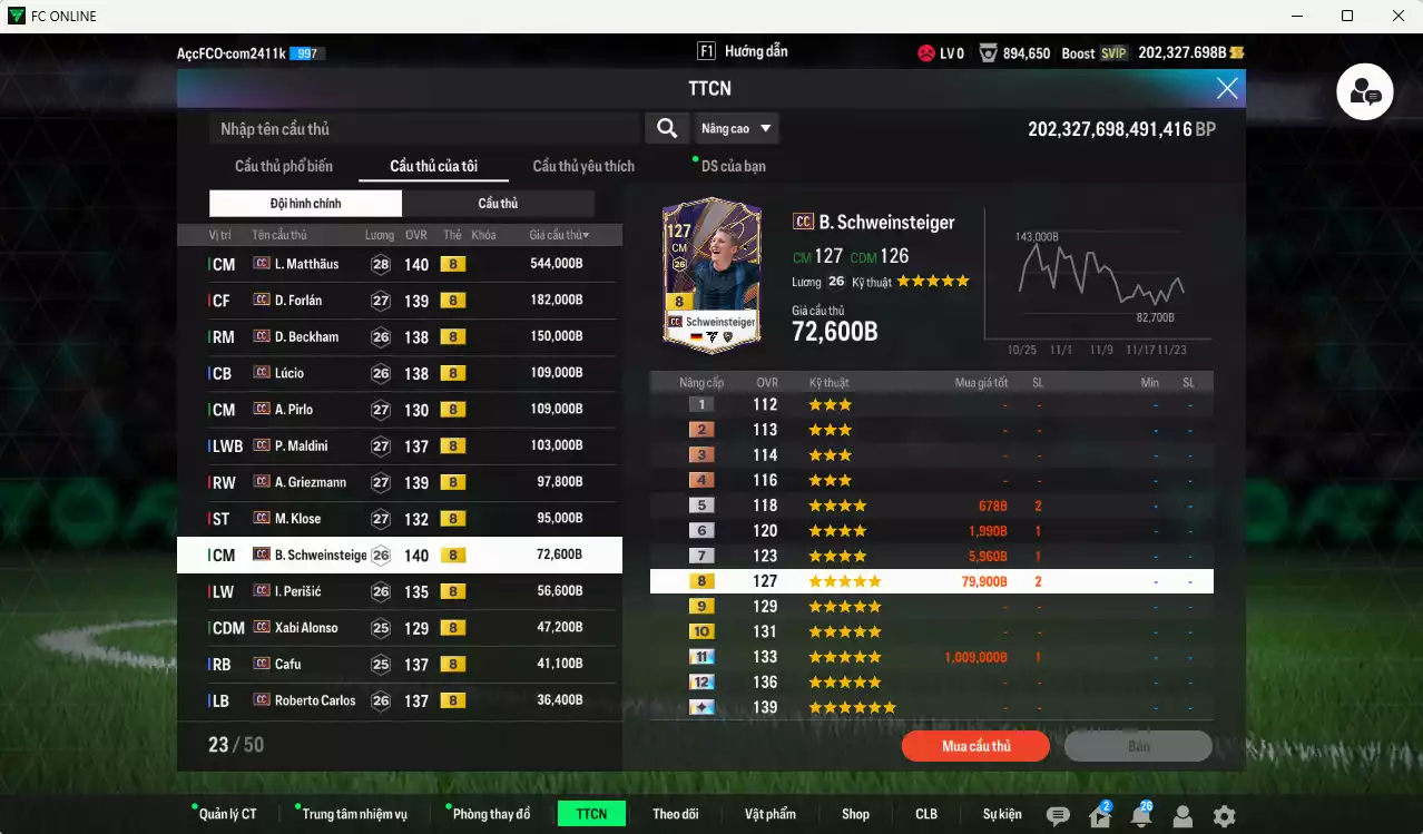 Ảnh Full mùa CC+8 1.727.770b dư 202kb có Matthaus, Forlán, Beckham, Lúcio, Pirlo, Maldini, Griezmann, Klose, Schweinsteiger, Alonso, Cafu, Carlos, Courtois, Touré, Son, Cha... HLV Xịn, đã đào tạo full chỉ số cầu thủ, VIP BK Tháng 11, KC Tháng 12