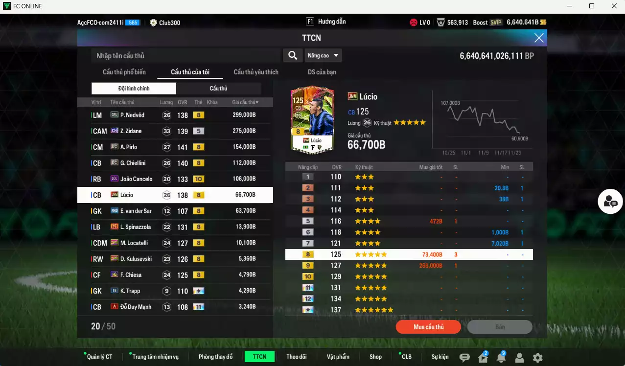 Ảnh Juventus 5.373.870b có Del Piero CU (hiếm), Baggio ITM+5, Henry ITM+5, Nedved GRU, Zidane CH, Pirlo DC, Chiellini DC, Cancelo LOL+10, Lúcio JNM.... Còn nhiều coin TM, HLV Xịn, đã đào tạo full chỉ số cầu thủ, VIP BK Tháng 11,12