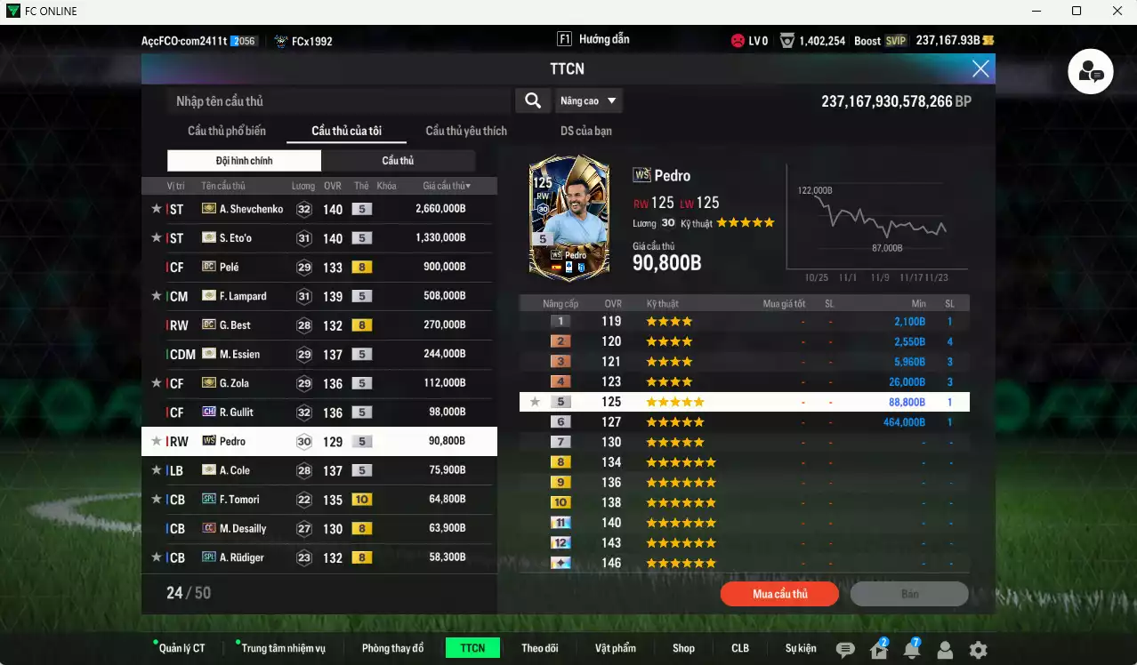 Ảnh [ACC Hiếm🔥] Chelsea mix Quốc Dân 6.693.640b dư 237kb có Sheva ITM+5, Eto ITM+5, Pelé DC, Lampard ITM+5, Best DC, Essien ITM+5, Zola IMT+5, Gullit CH, Pedro WS, A. Cole ITM+5, Tomori SPL+10, Desailly CC, Rudiger SPL, Gullit RTN, Hazard HG... Còn rất nhiều SVIP vs CP GIẢM THUẾ, HLV Siêu Xịn, gần full bảng đào tạo chiến thuật vs chỉ số cầu thủ