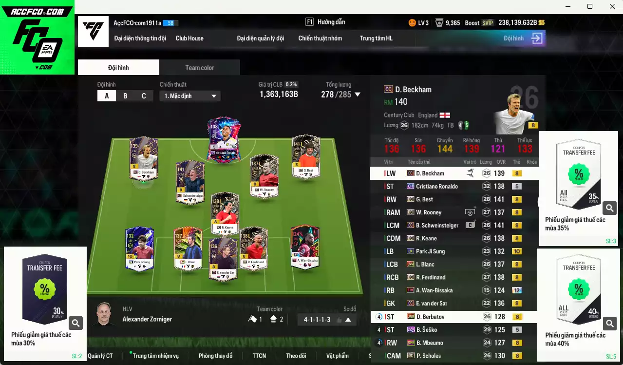 Man Utd. 1.363.160b dư 238kb có Best DC, CR7 CH, Ferdinand DC, Rooney DC, Beckham CC, Park LN+10, Schweinsteiger DC, Keane DC, Scholes DC, Blanc JNM, Berbatov JNM, Mbeumo 23HW, Sesko 25DP...