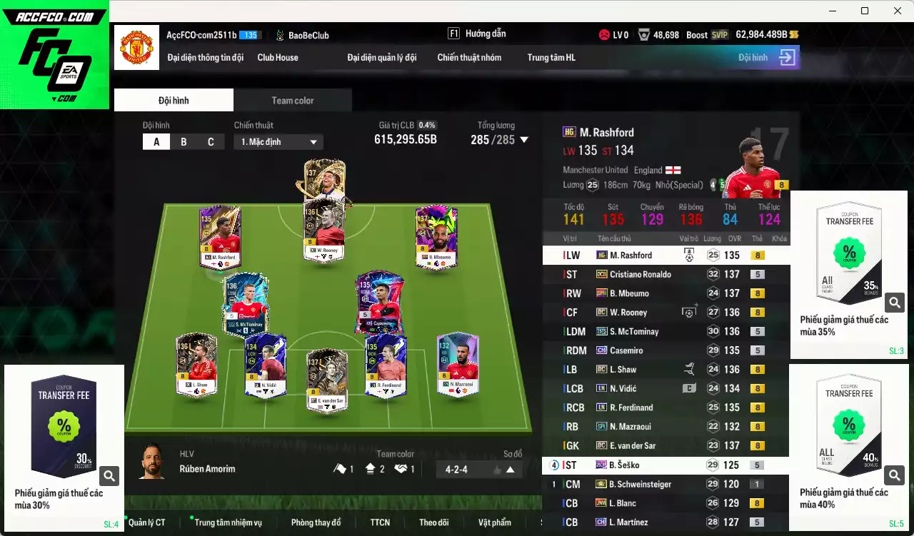 Man Utd. 615.290b dư 62kb có Rooney DC, McTominay 25TS, CR7 DCB, Blanc JNM, Casemiro CH, DS DC, Mbeumo 23HW, Mazraoui SPL, Vidic LN, Shaw DC... HLV Xịn