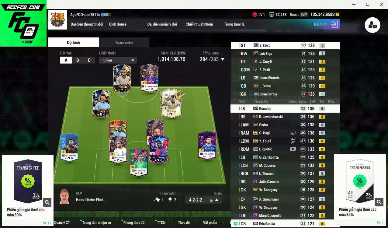 Barcelona 1.014.190b dư 135kb có Hagi ITM+5, Ronaldo WS, Pedro WS, Thuram CH, Cruyff HG, Touré JNM, Figo No.7, Blanc JNM, Joan García 25TS, Eto CH, Rakitic CC, Lewandowski CC... HLV Xịn, đã đào tạo chỉ số nhiều cầu thủ