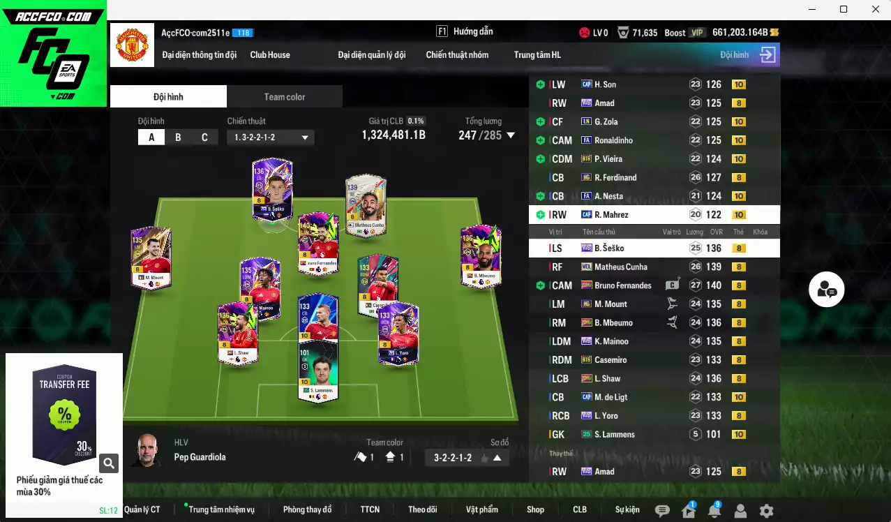 [Dư nhiều BP] Man Utd. 1.324.480b dư 660kb có Mainoo WB, Bruno 23HW, Cunha MDL, Yoro WB, Amad WB, Sesko WB, Lammers live+10, De Ligt CAP+10, Casemiro BTB, Shaw 23HW, Mbeumo 23HW... Còn nhiều coin TM, HLV Xịn, đã đào tạo hơn nữa bảng chiến thuật, dư 46.000TC