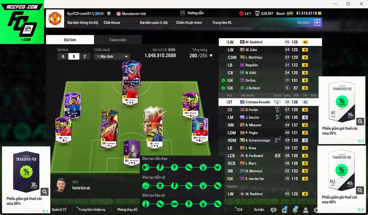 [Dư hơn 4 năm SVIP] Man Utd. 1.048.910b dư 87kb có Schweinsteiger ITM+5, Forlán CC, CR7 CH, Pogba RTN, Matthaus RTN, Sancho WB+6, Blanc JNM, Mbeumo 23HW, Shaw 23HW, Marzaoui SPL...  Còn nhiều CP GIẢM THUẾ, HLV Xịn, đã full đào tạo chiến thuật lẫn cầu thủ