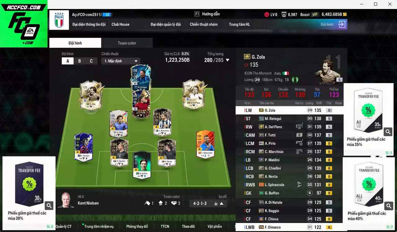 Ý 1.223.250b có Del Piero ITM+5, Retegui 25TS, Pirlo MDL, Chiellini DC, Zola ITM+5, Nesta DC, Totti WS, Maldini LN, Di Natale WS, Marchiso DC... Còn nhiều CP GIẢM THUẾ, đã đào tạo chỉ số nhiều cầu thủ