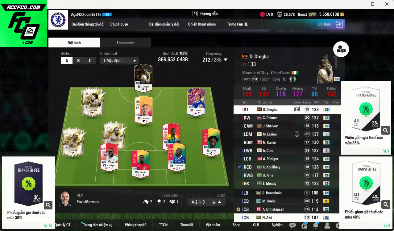 [Độc lạ] Chelsea 866.650b có Palmer 21NG+12, Zola ITM+5, Essien ITM+5, A. Cole ITM+5, Drogba MOG+12, É. Mendy COC+12, Koulibaly COC+12, Kanté BOE+12, Rudiger BOE+12... Còn nhiều CP GIẢM THUẾ, đã đào tạo full chỉ số nhiều ct