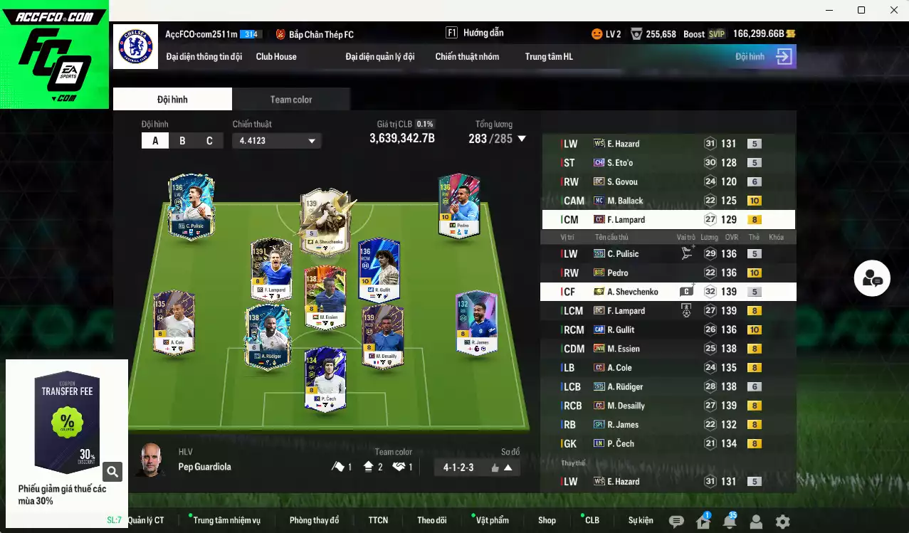 Chelsea 3.639.340b dư 170kb có Sheva ITM+5, Gullit CAP+10, Rudiger 25TS+6, Hazard WS, Lampard DC, Ballack MC+10, Pedro BTB+10, Desailly CC, Pulisic 25TS, Essien JNM, Lampard CC, Eto CH... HLV Xịn, đã đào tạo full chỉ số nhiều cầu thủ