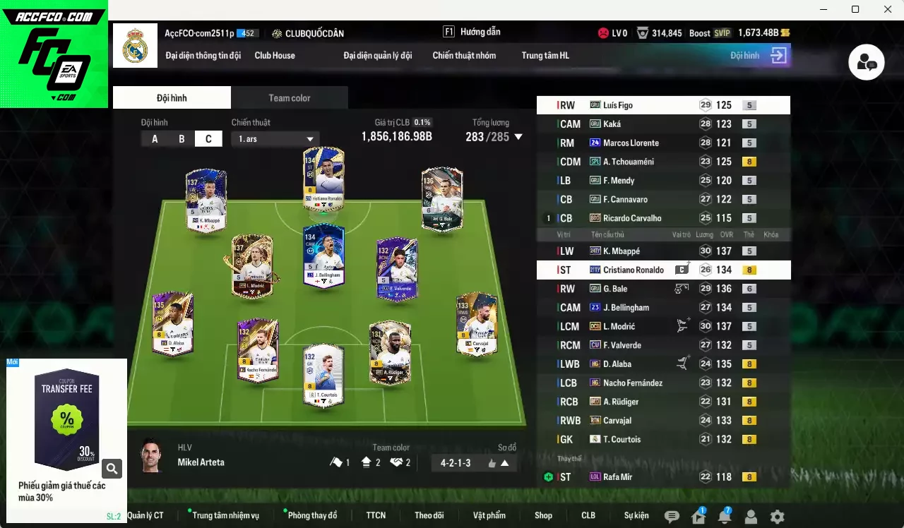 Real Madrid 1.856.180b đầu tàu CR7 TY21+8 có CR7 TY21, Mbappé 24TY, Rudiger BLD, Modric DCB, Bale GRU, Alaba HG, Carvajal RTN, Courtois RMA, Bellingham 23UCL... HLV Xịn, đã đào tạo chỉ số nhiều ct