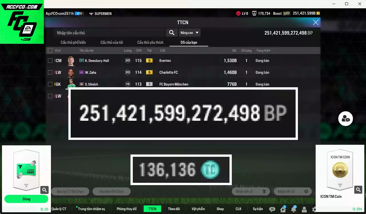 ACC 251421b trắng, có thẻ đổi tên. HLV Xịn, dư 136.000TC