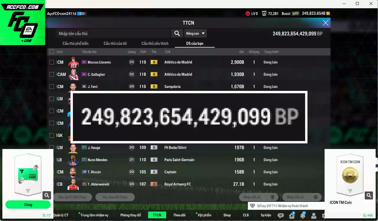ACC 249823b trắng, có thẻ đổi tên. HLV Xịn