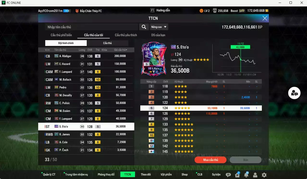 Ảnh Chelsea 3.639.340b dư 170kb có Sheva ITM+5, Gullit CAP+10, Rudiger 25TS+6, Hazard WS, Lampard DC, Ballack MC+10, Pedro BTB+10, Desailly CC, Pulisic 25TS, Essien JNM, Lampard CC, Eto CH... HLV Xịn, đã đào tạo full chỉ số nhiều cầu thủ