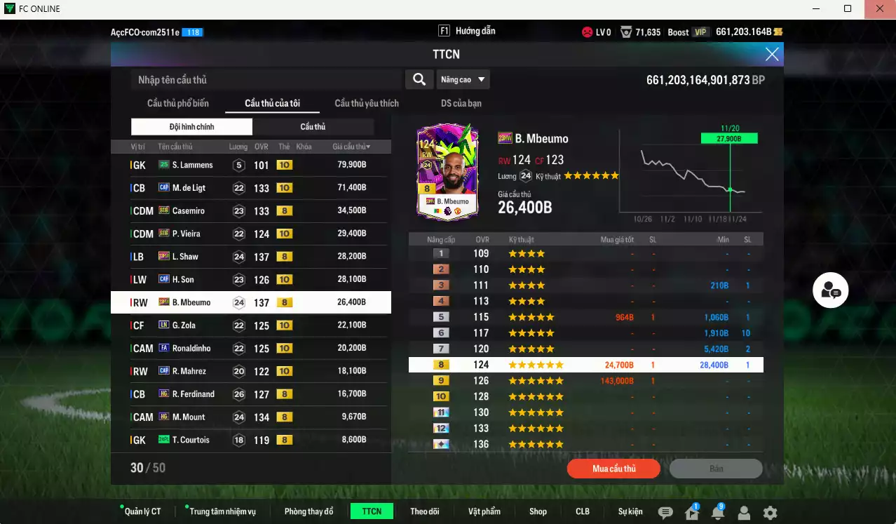 Ảnh [Dư nhiều BP] Man Utd. 1.324.480b dư 660kb có Mainoo WB, Bruno 23HW, Cunha MDL, Yoro WB, Amad WB, Sesko WB, Lammers live+10, De Ligt CAP+10, Casemiro BTB, Shaw 23HW, Mbeumo 23HW... Còn nhiều coin TM, HLV Xịn, đã đào tạo hơn nữa bảng chiến thuật, dư 46.000TC