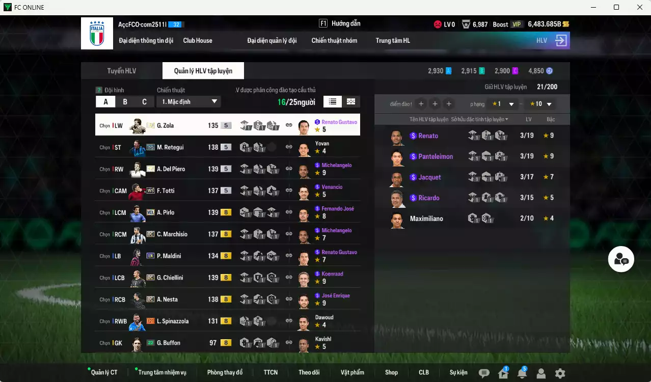 Ảnh Ý 1.223.250b có Del Piero ITM+5, Retegui 25TS, Pirlo MDL, Chiellini DC, Zola ITM+5, Nesta DC, Totti WS, Maldini LN, Di Natale WS, Marchiso DC... Còn nhiều CP GIẢM THUẾ, đã đào tạo chỉ số nhiều cầu thủ