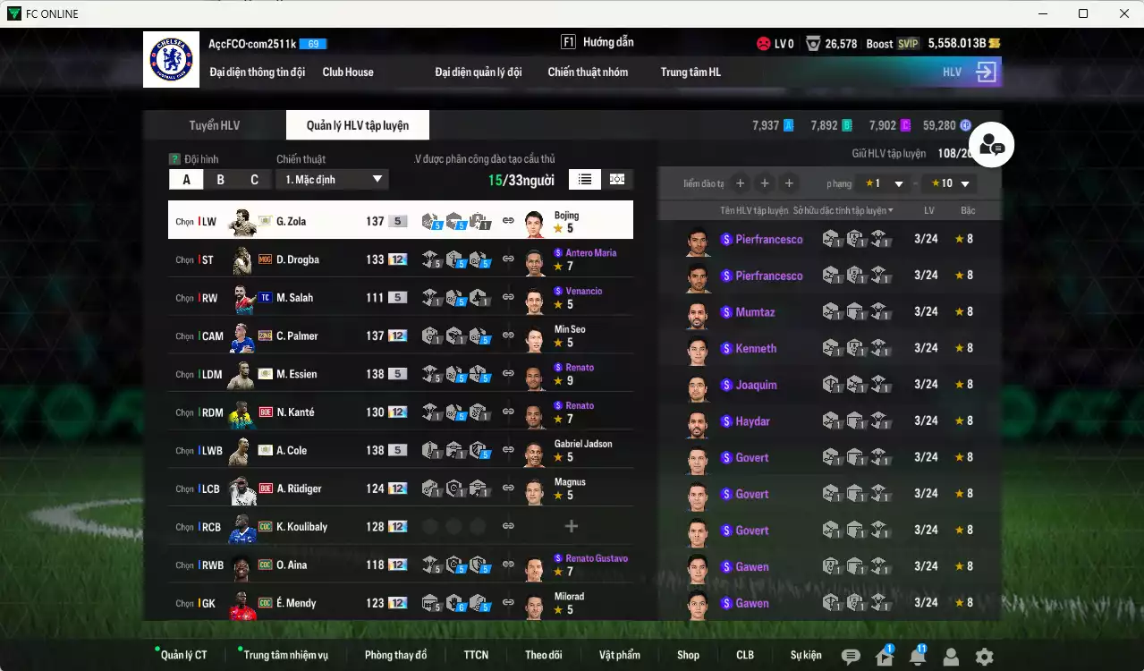 Ảnh [Độc lạ] Chelsea 866.650b có Palmer 21NG+12, Zola ITM+5, Essien ITM+5, A. Cole ITM+5, Drogba MOG+12, É. Mendy COC+12, Koulibaly COC+12, Kanté BOE+12, Rudiger BOE+12... Còn nhiều CP GIẢM THUẾ, đã đào tạo full chỉ số nhiều ct