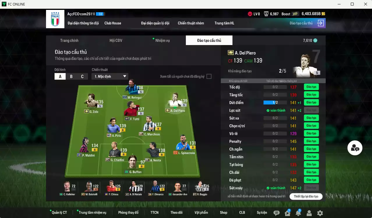 Ảnh Ý 1.223.250b có Del Piero ITM+5, Retegui 25TS, Pirlo MDL, Chiellini DC, Zola ITM+5, Nesta DC, Totti WS, Maldini LN, Di Natale WS, Marchiso DC... Còn nhiều CP GIẢM THUẾ, đã đào tạo chỉ số nhiều cầu thủ