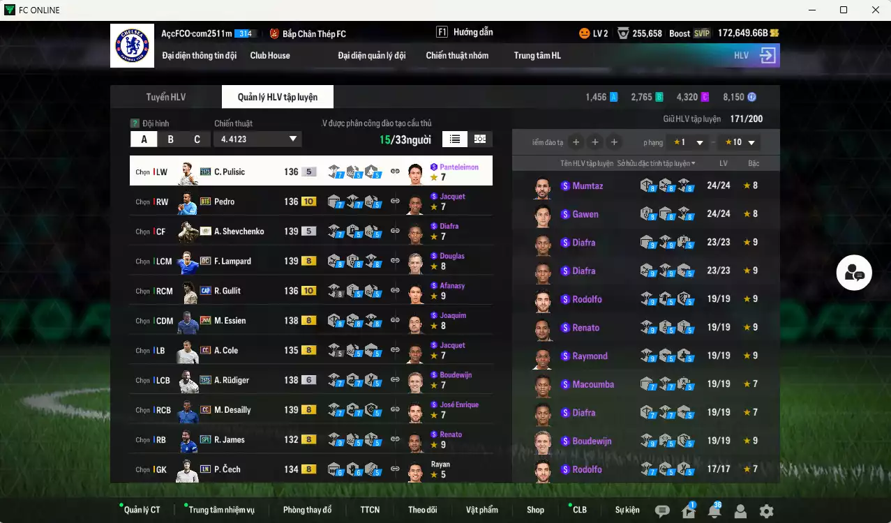 Ảnh Chelsea 3.639.340b dư 170kb có Sheva ITM+5, Gullit CAP+10, Rudiger 25TS+6, Hazard WS, Lampard DC, Ballack MC+10, Pedro BTB+10, Desailly CC, Pulisic 25TS, Essien JNM, Lampard CC, Eto CH... HLV Xịn, đã đào tạo full chỉ số nhiều cầu thủ