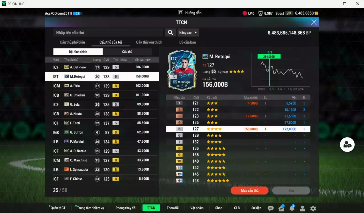 Ảnh Ý 1.223.250b có Del Piero ITM+5, Retegui 25TS, Pirlo MDL, Chiellini DC, Zola ITM+5, Nesta DC, Totti WS, Maldini LN, Di Natale WS, Marchiso DC... Còn nhiều CP GIẢM THUẾ, đã đào tạo chỉ số nhiều cầu thủ