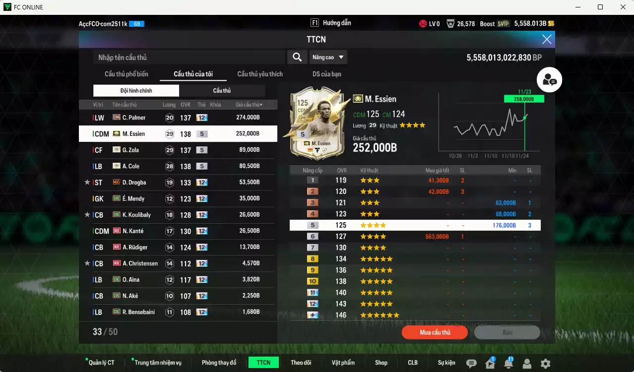 Ảnh [Độc lạ] Chelsea 866.650b có Palmer 21NG+12, Zola ITM+5, Essien ITM+5, A. Cole ITM+5, Drogba MOG+12, É. Mendy COC+12, Koulibaly COC+12, Kanté BOE+12, Rudiger BOE+12... Còn nhiều CP GIẢM THUẾ, đã đào tạo full chỉ số nhiều ct