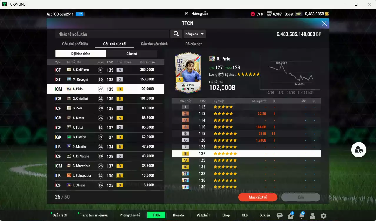 Ảnh Ý 1.223.250b có Del Piero ITM+5, Retegui 25TS, Pirlo MDL, Chiellini DC, Zola ITM+5, Nesta DC, Totti WS, Maldini LN, Di Natale WS, Marchiso DC... Còn nhiều CP GIẢM THUẾ, đã đào tạo chỉ số nhiều cầu thủ